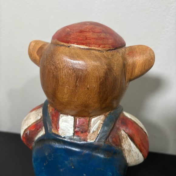 Hand Carved Wooden Bear Sculpture Door Stop Folk Art Patriotic Cabin Decor Vtg - Picture 11 of 16